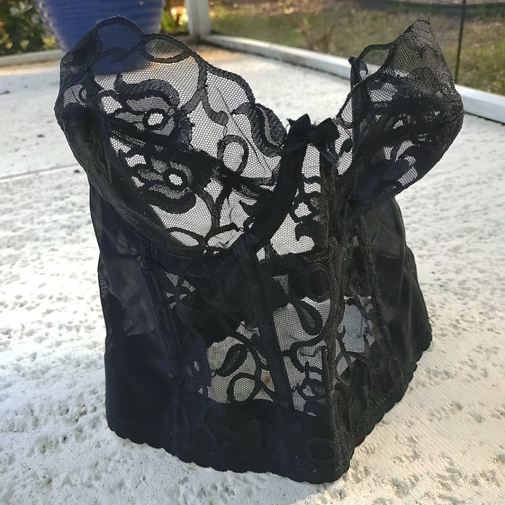Victoria's Secret Gold Label Black Sheer Embroidered Lace Strapless Bustier 36C